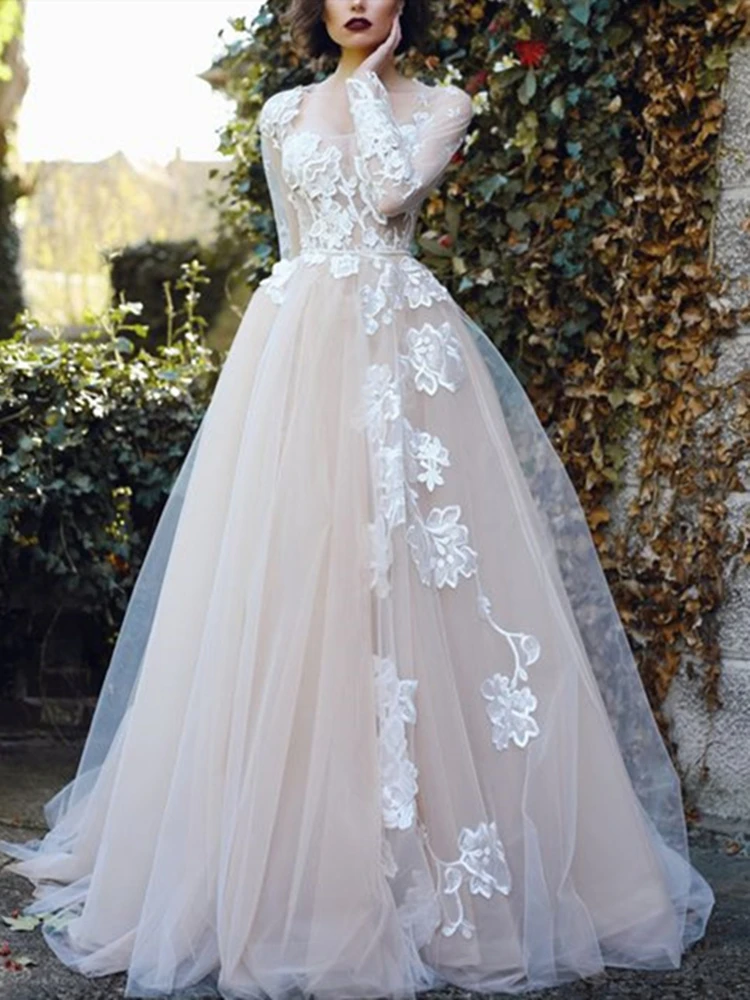 

Bohemian Vintage Wedding Dresses Long Sleeve Square Neck Floral Appliques Lace Tulle A Line Boho Bridal Gowns Vestido De Noiva