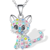 rhinestone crystal cat pendant necklace for women children fashion colorful quartz cute animal necklaces jewelry gifts