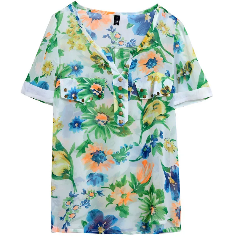 Женская шифоновая футболка с цветочным принтом летний топ коротким рукавом