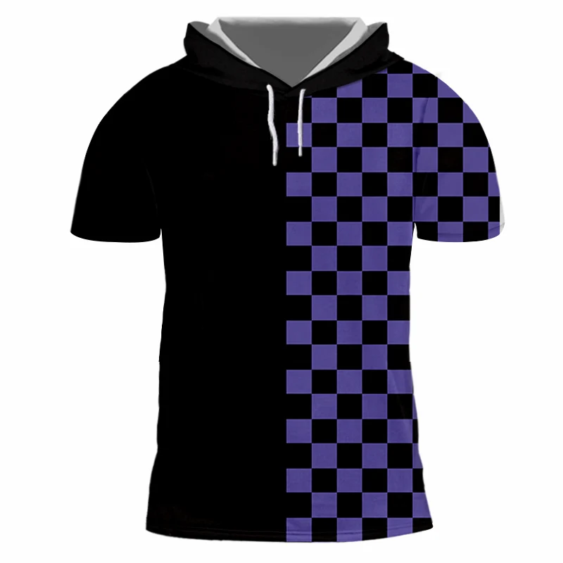 

CJLM Hiphop Punk Gothic Tshirt Cap Men 3D Print Purple Lattice T-shirt Plaid Hood Short Sleeve Checkerboard Crewneck Pulllover