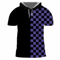 cjlm hiphop punk gothic tshirt cap men 3d print purple lattice t shirt plaid hood short sleeve checkerboard crewneck pulllover