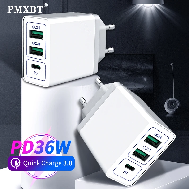 

36W PD Quick Charge QC 3.0 Dual USB Port Charger EU US UK Plug Power Adapter For iPhone 12 Pro Huawei Mobile Phone USB Charger