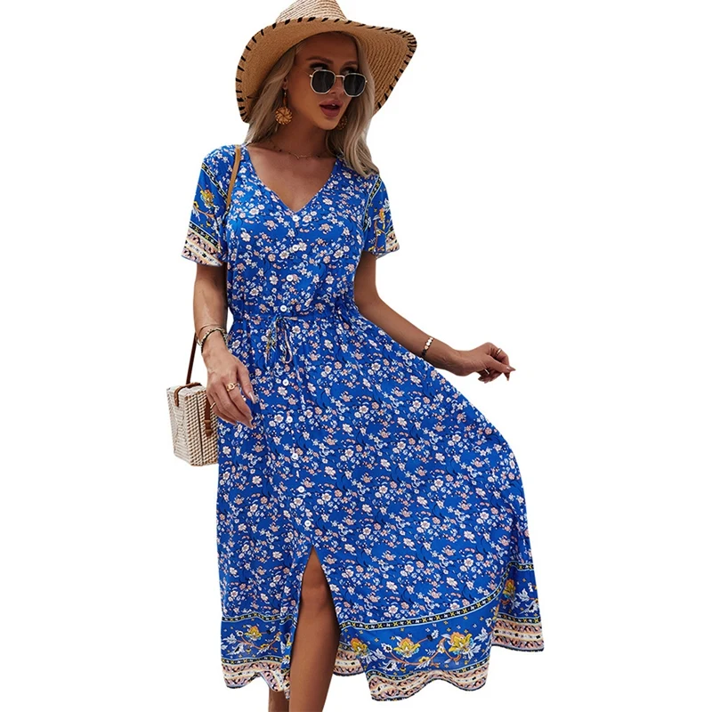

Women's Bohemian Floral Print Sexy V-Neck Short Sleeve Flowy Beach Party Long Dress