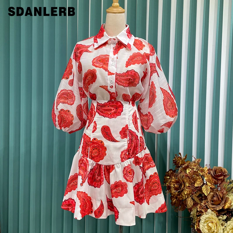 

Summer New French Style Elegant Casual Fashion Suit Women's Blouse Printed Shirt Half Sleeve Tops + Short Skirt 2-Piece Set