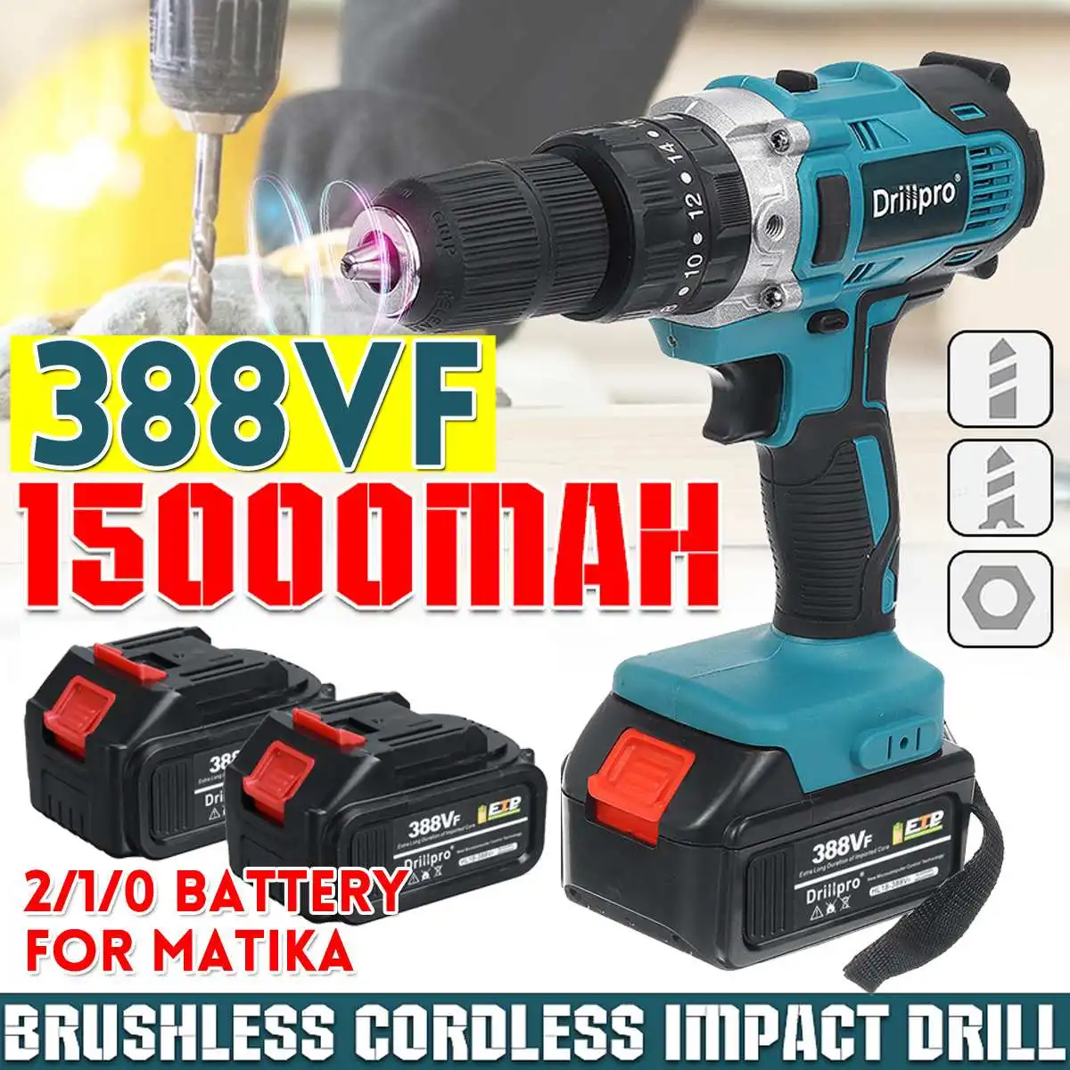 

Беспроводная электрическая дрель Drillpro 3 в 1, двухскоростная ударная отвертка, электроинструмент с литий-ионной батареей 15000Amh