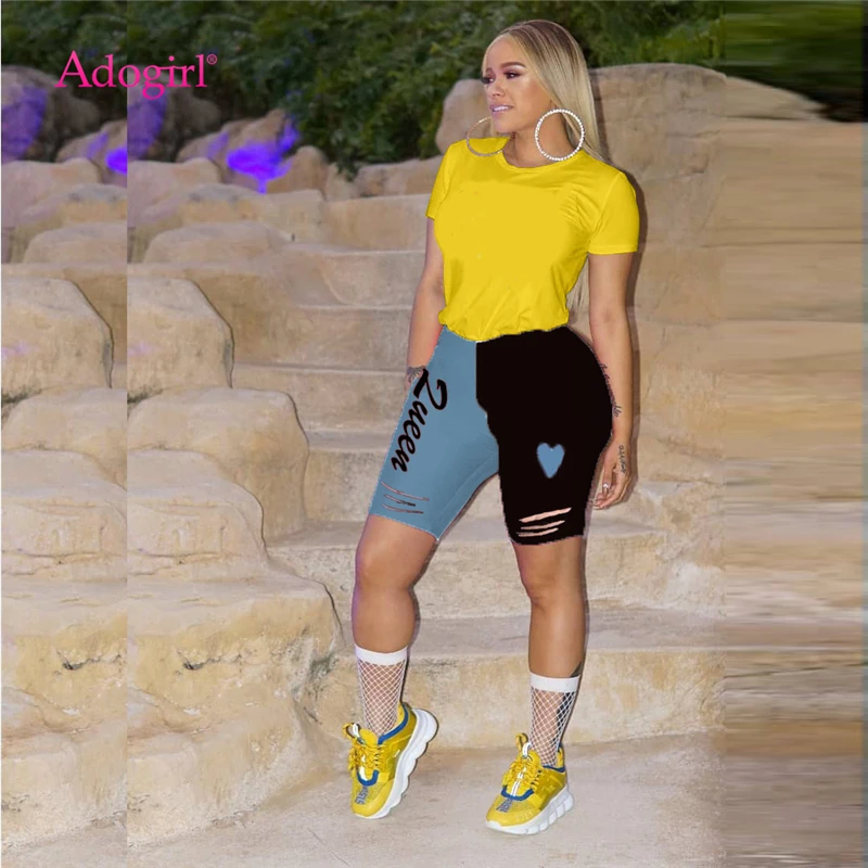 Adogirl Цветные Лоскутные рваные шорты с буквенным принтом женские облегающие для