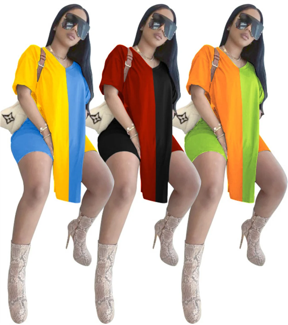 

Женский комплект из 2 предметов, длинная футболка в стиле пэчворк с коротким рукавом, V-образным вырезом и Боковым Разрезом, велосипедные шор...