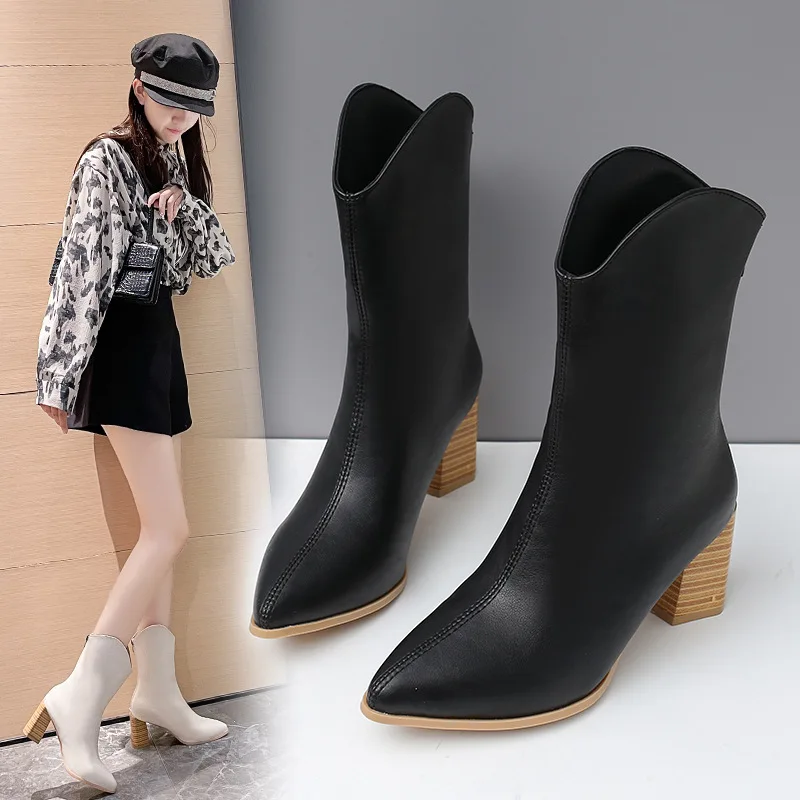 

Женские зимние ботинки, женские низкие ботинки на молнии, женские резиновые ботильоны с острым носком на высоком каблуке, ковбойские ботинк...