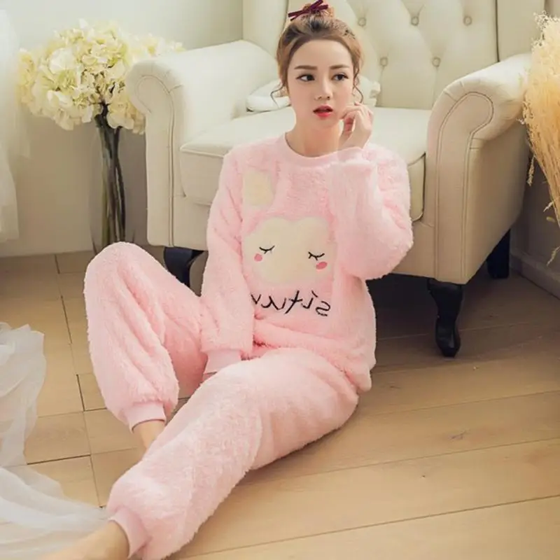 2pcs Autumn Winter Women Thin Flannel Women Pajama Set Pullover Thick Coral Velvet Long Sleeve Cartoon Homewear Dropshipping
