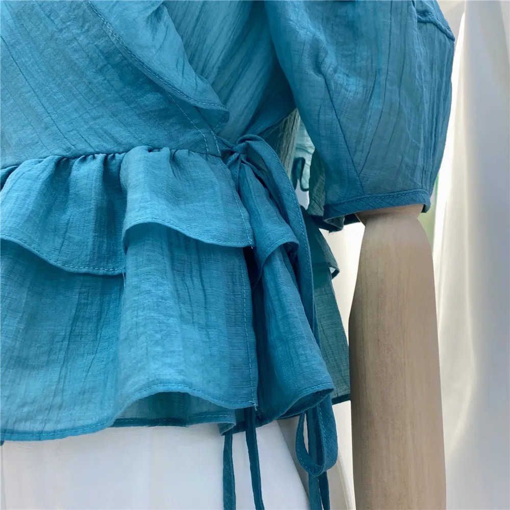 

2021 Summer New Fashion V-neck Short Sleeve Blouse Women's Solid Color Ruffles Lace-up Top for Female Shirts