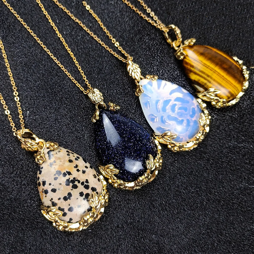 

Natural Tiger Eye Stone Charms Jewelry Pendant Necklace Angel Tears Drop-shaped Flower Buckle Phnom Penh Leather Chain Necklaces