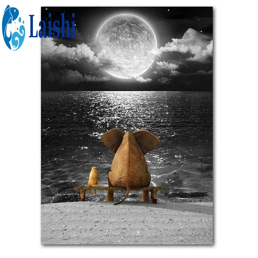 

Алмазная 5D картина «сделай сам», Мультяшные животные, луна, море, полная круглая квадратная картина, искусственная мозаика, настенное искус...