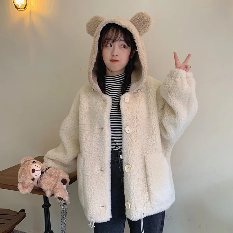 Vintage Winter Sweet Girl Cartoon Bear Ear Hooded Pocket Kawaii Coat Women Single-Breasted Keep Warm Thicken Lambswool Outerweat