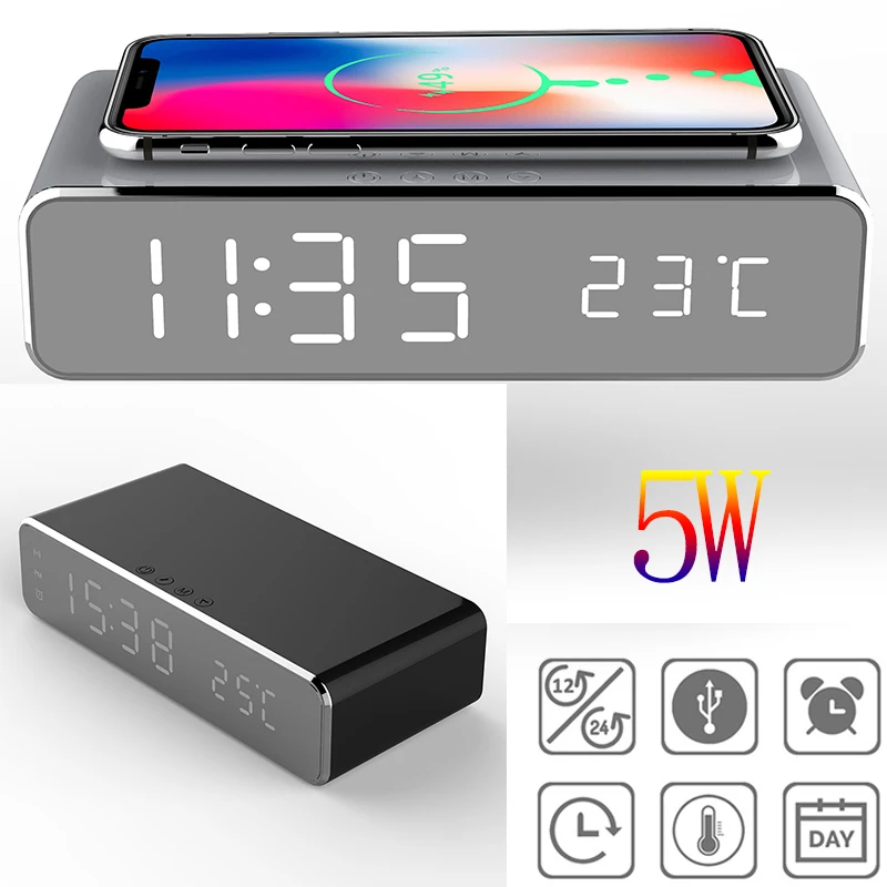 

Fast Wireless Charger LED Alarm Clock Phone Wireless Charger Charging Pad Thermometer For IPhone 11 Pro XS Max X 8 Plus Samsung