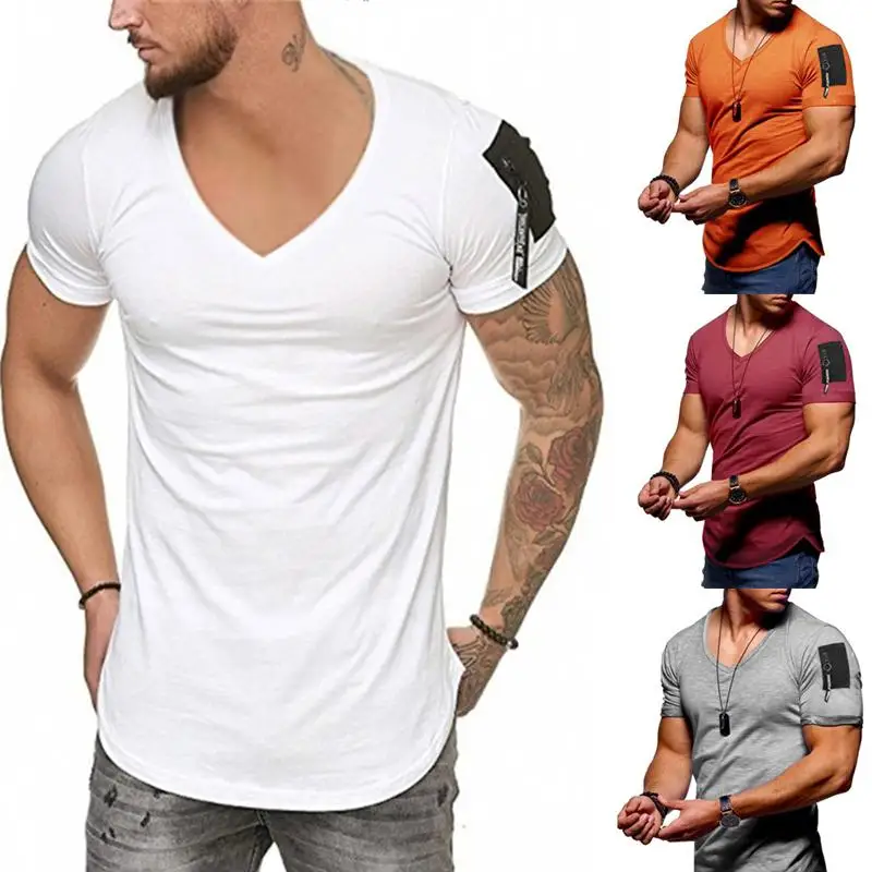 

Summer New V Neck Short Sleeve t Shirt Men Fashion Casual Slim Fit t-Shirt Mens Zipper Sleeve Tshirt Camisetas Hombre Size M-3XL