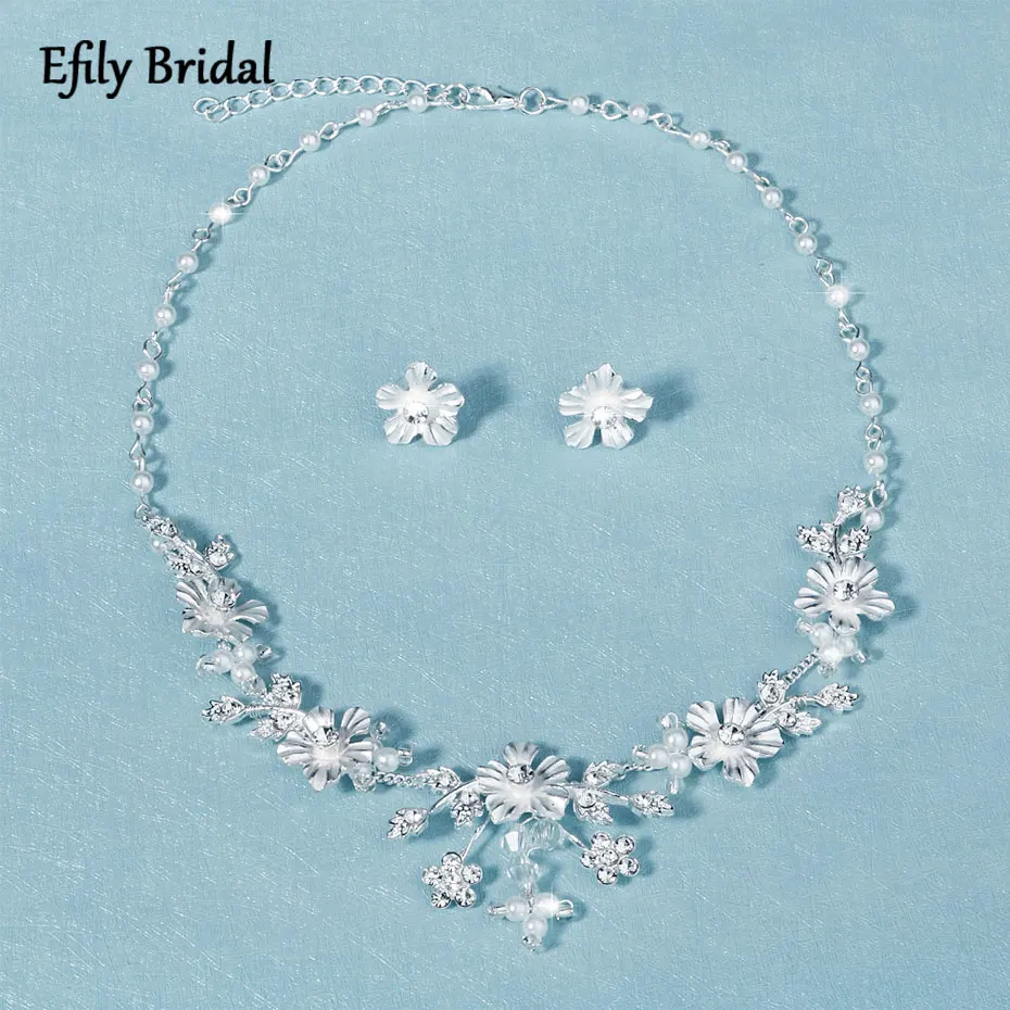 

Efily Pearl Flower Jewelry Set Bride Accessories Wedding Rhinestone Necklace Crystal Stud Earrings Women Jewelry Bridesmaid Gift