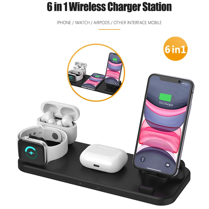6 in 1 wireless charger stand mobile phone quick charge dock micro usb type c for iphone iwatch 5 4 3 airpods wireless charging free global shipping