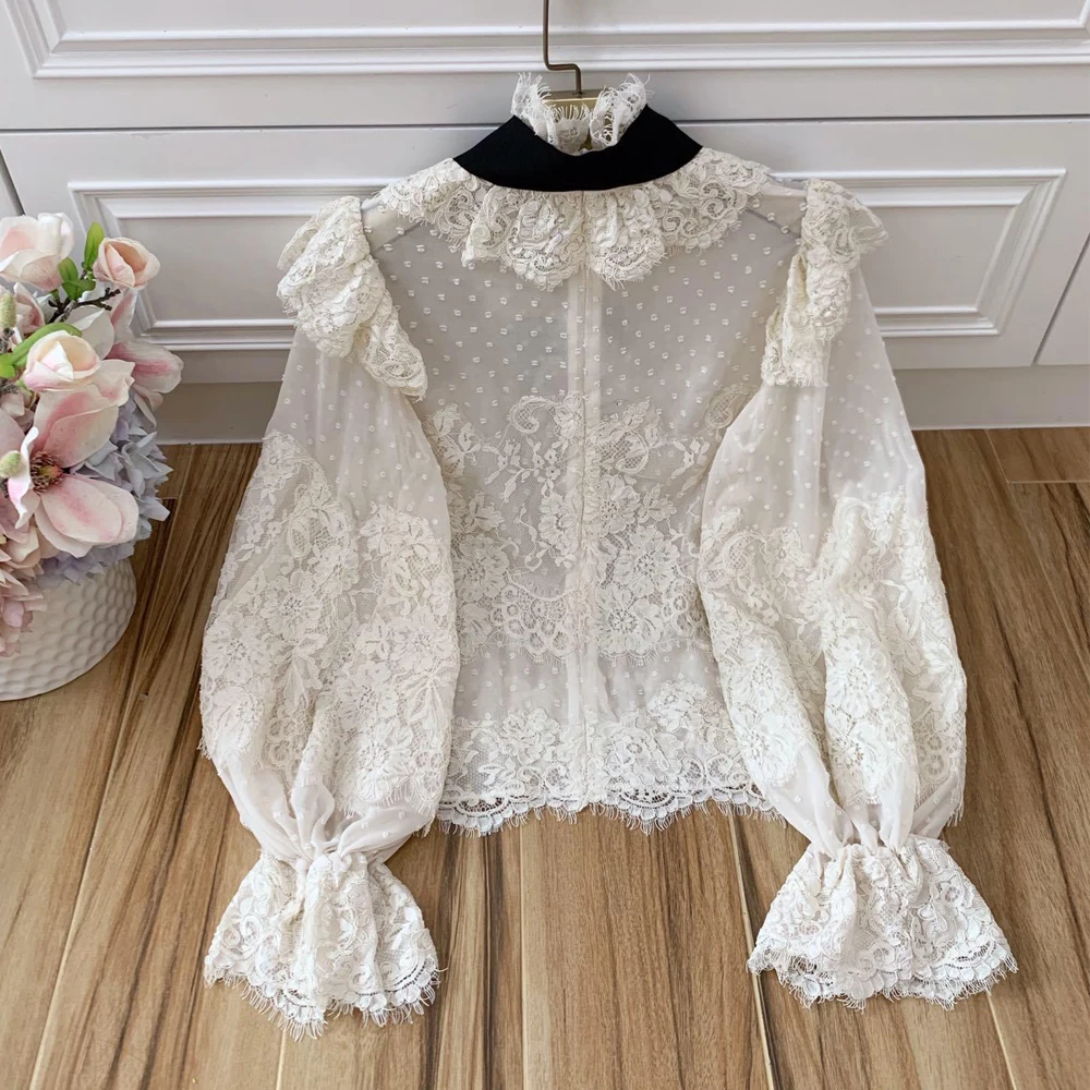 Red RoosaRosee Runway Designer Elegant Autumn Women Floral Applique Stand Collar Polka Dot Long Lantern Sleeve Shirt Tops Blouse