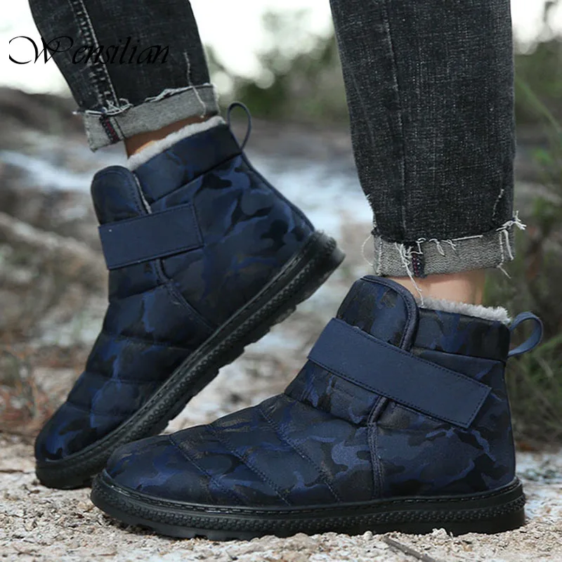 Мужские кожаные ботинки на липучке коричневые непромокаемые меху с плюшевой