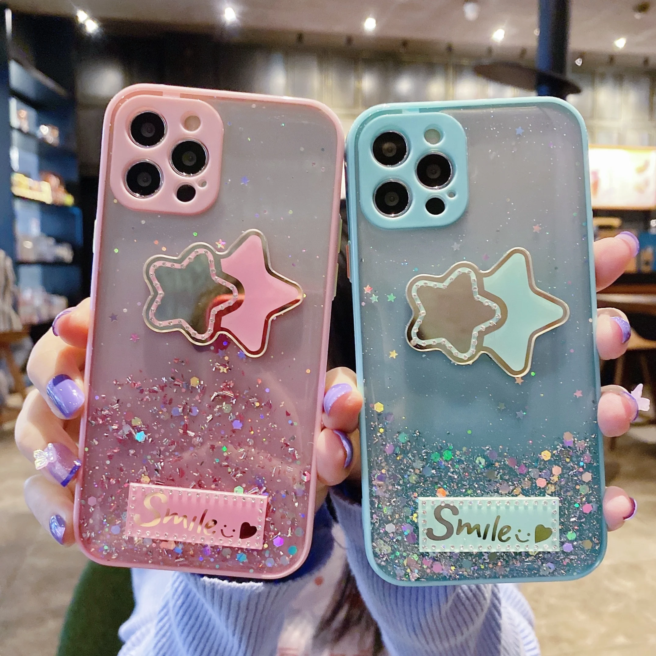 

Star Mirror Sequins Glitter Phone Case For iPhone 12 11 Pro Max X XR XS 6 6S 7 8 Plus SE 2020 Clear Soft Epoxy Back Cover Shell