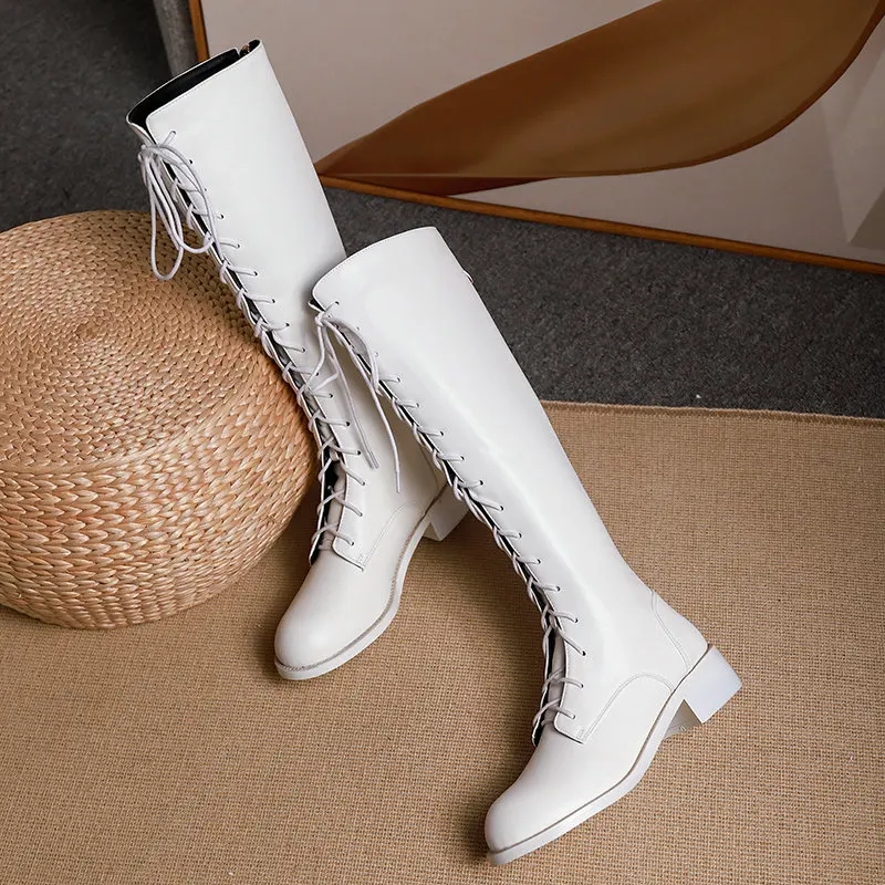 

2021 new Knee High Women Boots Round Toe Back Zipper Fashion Long Boots PU Leather Square Heel Women Shoes Size 34-43