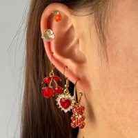 red crystal cherry rhinestone bear animal earrings set for women shiny love heart round hoop earring korean new design jewelry
