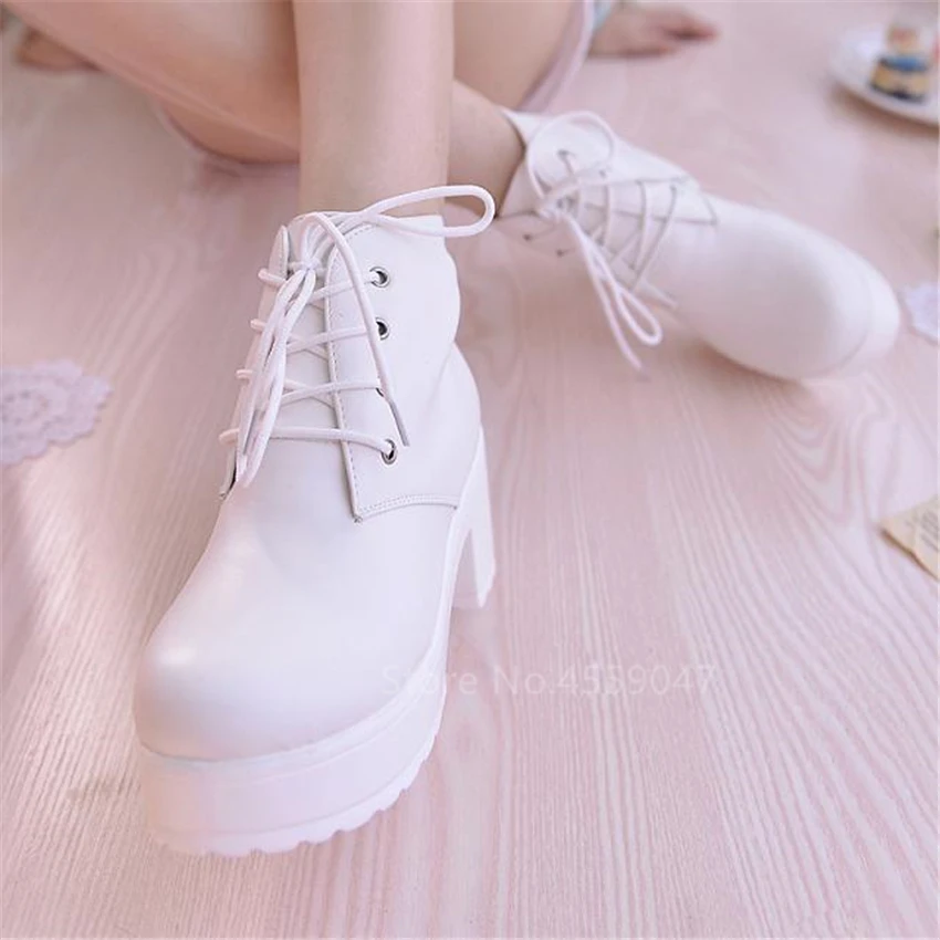 

Japanese College Mori Girl Jk Uniform PU Leatehr Lace Up Platform Black Boots Lolita Gothic Round Head Mary Jane Strap Shoes