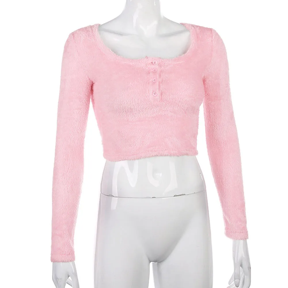 Милый пушистый розовый свитер для женщин и девочек милый плюшевый на пуговицах с