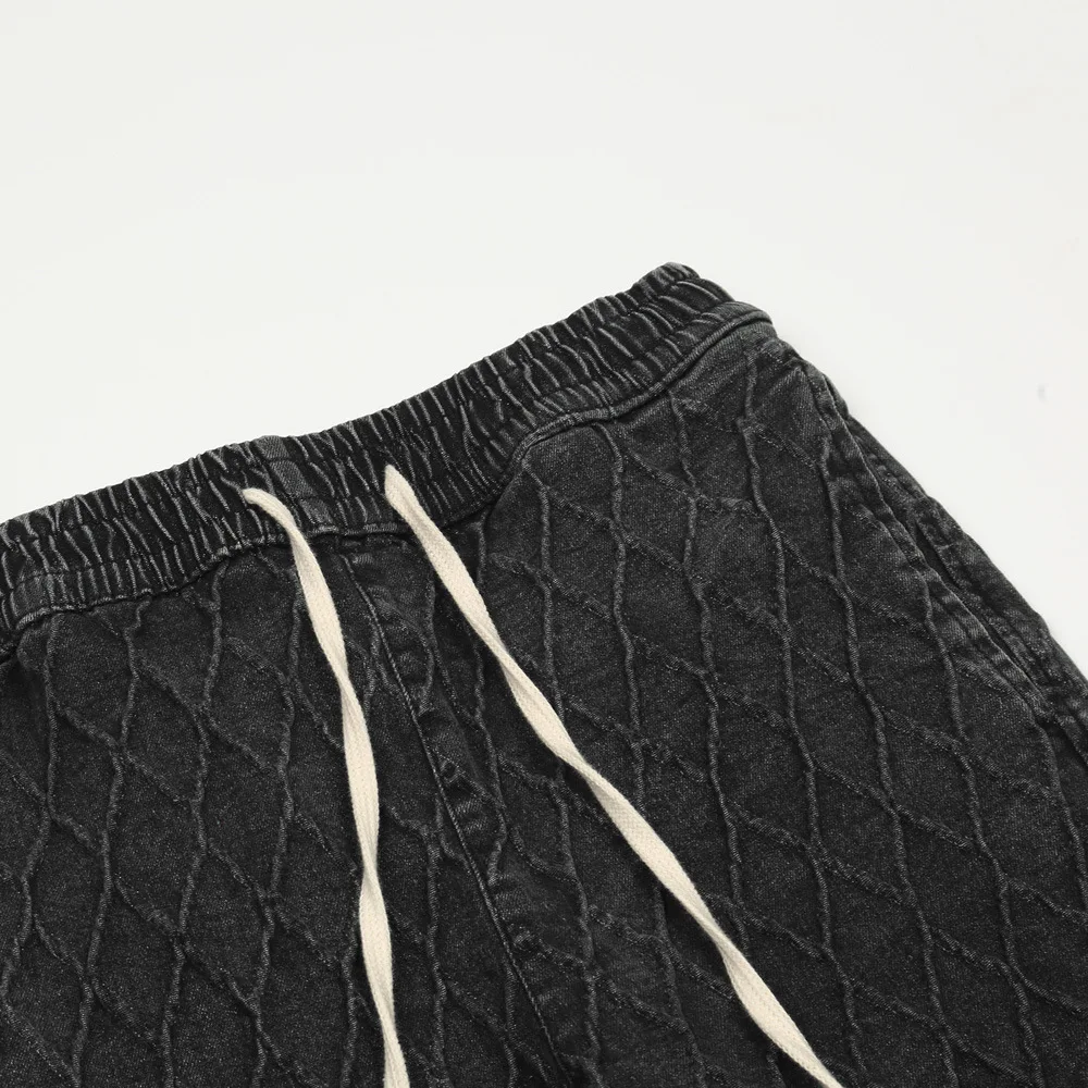 2021 New Arrival Rhombus Plaid Washed Men Vintage Jeans Trousers Solid Slim Casual Slit Hem Drawstring Denim Pants Ropa Hombre