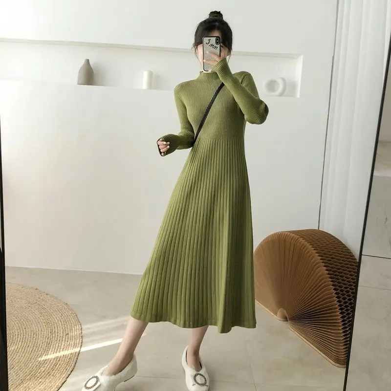 

Elegant Warm Half Turtleneck Ladies A-line Sweater Dress Full Sleeve Slim Waist Women Knitted Mid-Calf Vestidos Autumn XXL