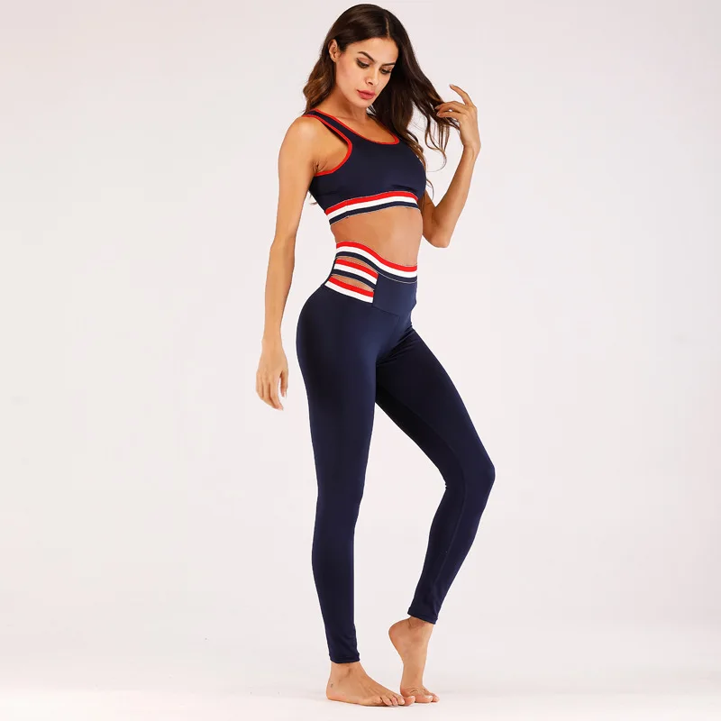 

Workout Sports Suit Sport Bra and Leggings Running Fitness Crop Top Yoga Set Women Gym Clothes Seamless Striped Sportswear