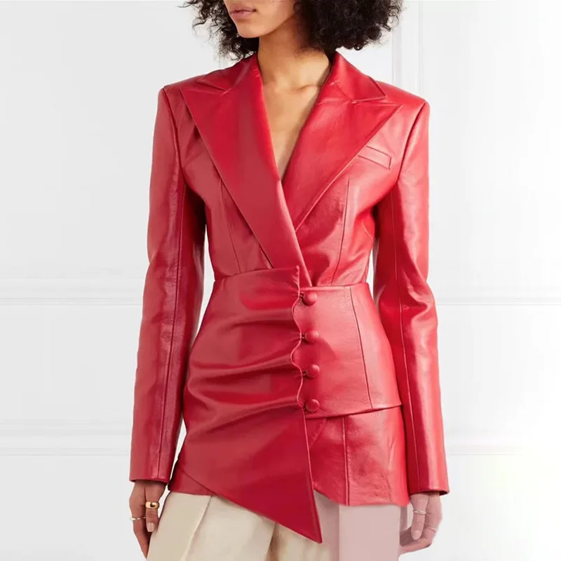 Solid PU Leather Jacket Women 2022 New Autumn Clothes Turn-collar Long Sleeve Irregular Slim Waist Seal Tops Female Coat DD019