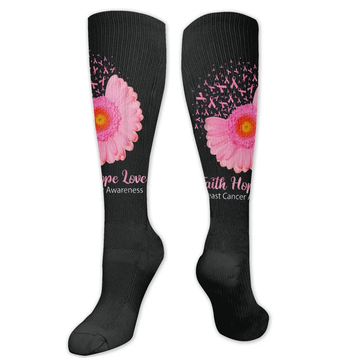 

Faith Hope Love Breast Cancer Awareness Flower Compression Socks For Women Men Plus Size Wide Calf For Nurses Running Athletic
