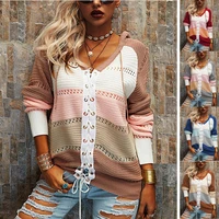 womens cardigans lace up sweaters autumn winter casual fashion sexy v neck long sleeve loose patchwork female streetwear jacket