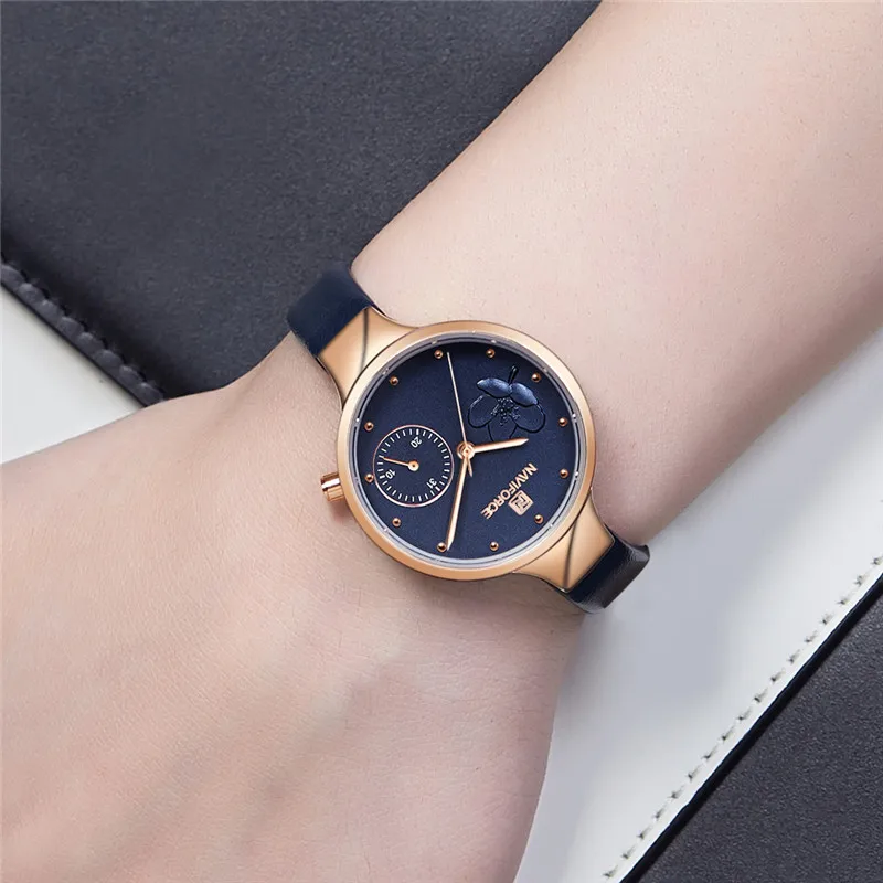 Часы наручные NAVIFORCE женские с браслетом из натуральной кожи модные брендовые