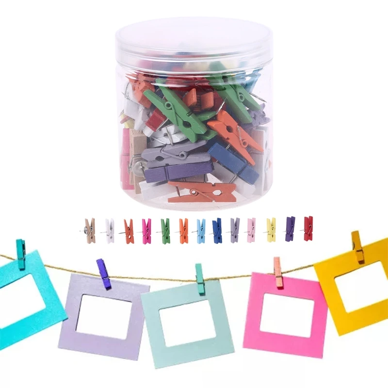 

60pcs Push Pins with Wooden Clips Pushpins Tacks Thumbtacks Creative Paper Clips W3JD