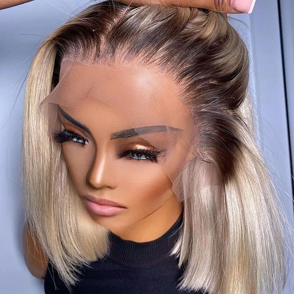 

150% Ombre 613 Short Bob Wig 13*4 Lace Front Wig Human Hair Wigs Pre plucked Bleached Knots Wigs for Women With Brown Roots