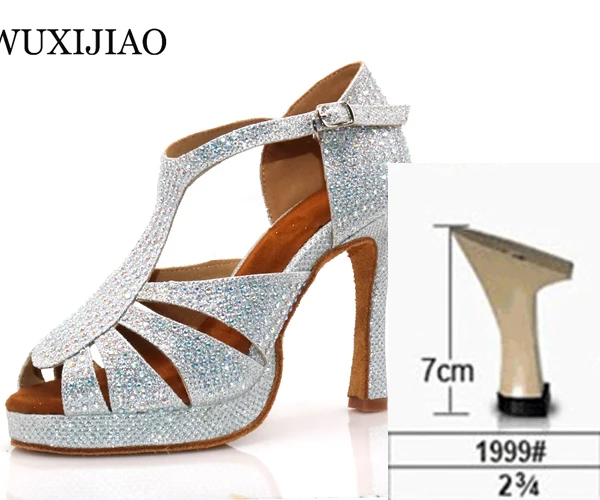 heel 7cm WUXIJIAO/Новинка; женская серебряная танцевальная обувь со стразами; обувь для сальсы; Обувь для бальных танцев; широкий каблук 10 см - Цвет: heel 7cm