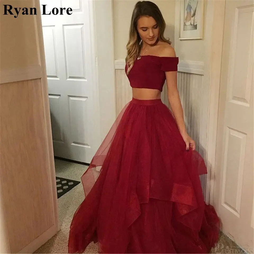 

Burgundy Women Prom Dresses 2020 Red Two Pieces Off The Shoulder Formal Evening Gowns Long Party Vestidos Party robe de soiree