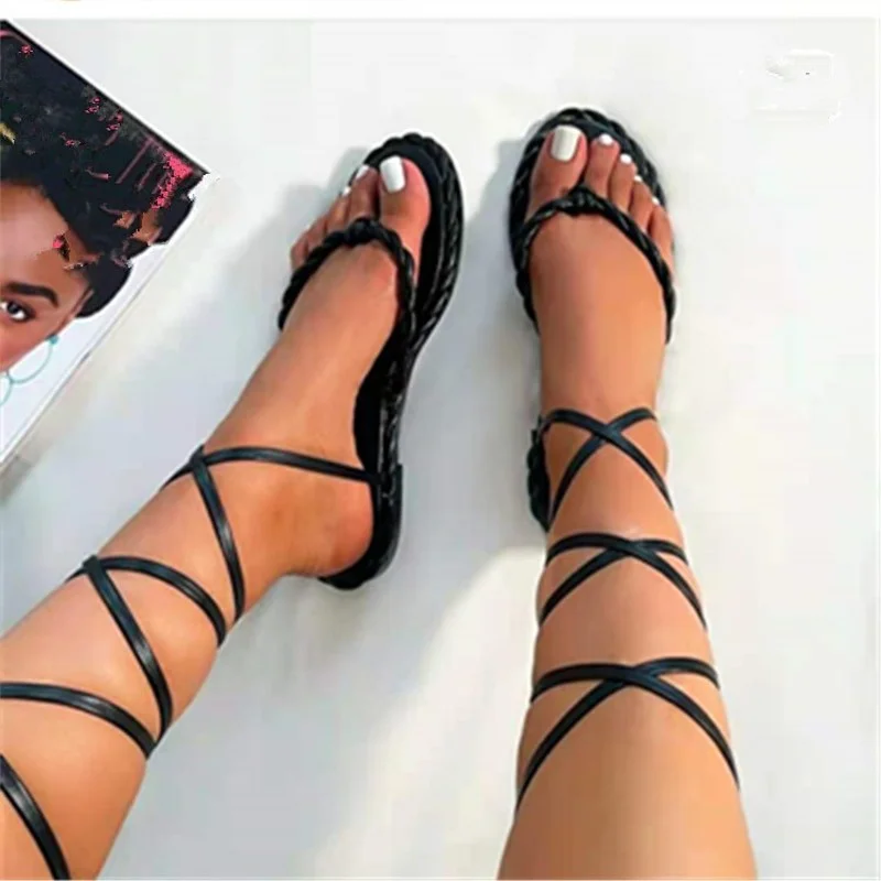 

Sandals Women Summer New Fashion Women's Sandals 2021 Solid Color Round Head Comfortable Open Toe Sandals Lace-Up Flat Shoes