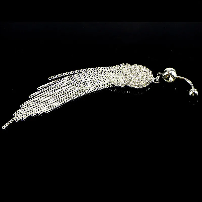 

Trendy Long Tassel Belly Button Ring with Rhinestone Round Pendant Surgical Steel Navel Piercing Bell Stud Body Jewelry 1pcs