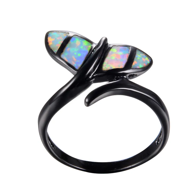

Boho Female White Fire Opal Ring Vintage 14KT Black Gold Wedding Rings For Women Promise Love Small Fish Tail Engagement Ring