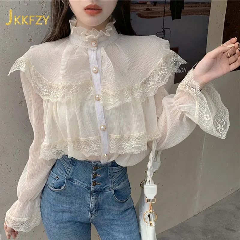 

2021 Lace Panel Ruffle Collar Shirt Woman Long Sleeve Single-breasted Fashion Blouse Women Summer Sweet Slim Tops