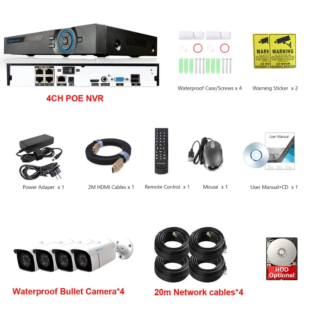 TOPROHOMIE H.265+ 4CH POE NVR комплект 48 В 2MP дневной ночной водонепроницаемый комплект камеры 4CH 1080P Аудио запись система наблюдения камеры - Цвет: 4 Camera with Cables
