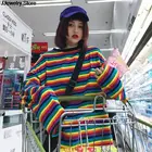 Женская хлопковая футболка, в полоску, свободного кроя, в стиле Харадзюку, в стиле панк, рубашка цвета радуги
