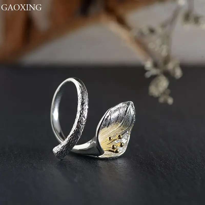 

100% S925 Sterling Silver Silver Ring Children's Flower Blooming Wealthy Gold-Plated Open Ring Wedding Supplies