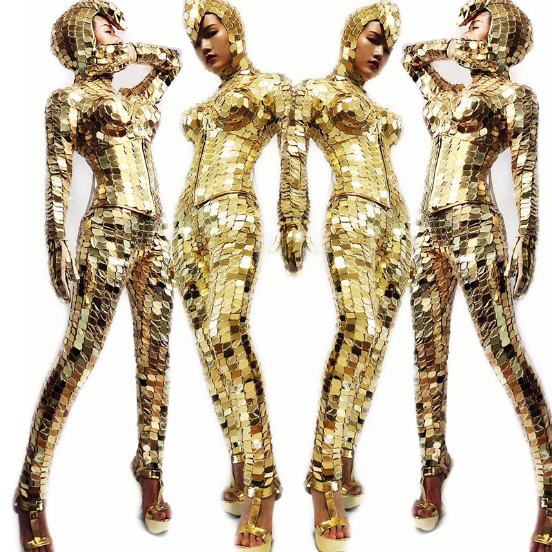 Золотая сценическая фотография одежда зеркальный костюм женское вечернее