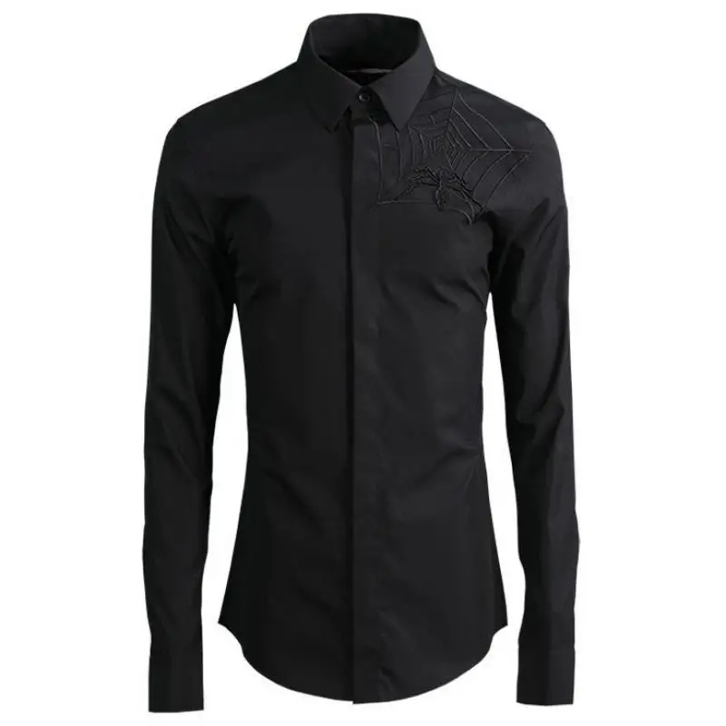 

Мужская Однотонная рубашка с вышивкой, повседневная приталенная рубашка с длинным рукавом, в стиле паутины