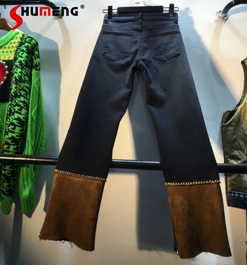 

Новинка Осень-зима 2021 брюки женские джинсы из овечьей кожи с прострочкой модные Универсальные облегающие брюки с высокой талией для дам