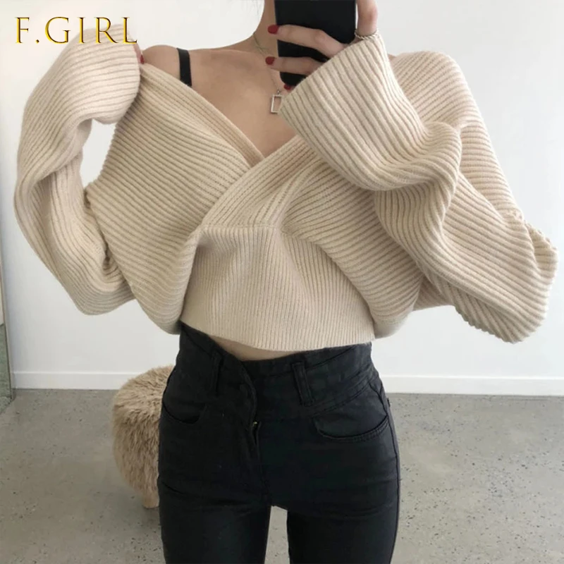 

Sweater 2021 Autumn Winter New Solid Color V-neck Sexy Crossover Fashion Loose Bat Sleeve Women Clothing Design Korea